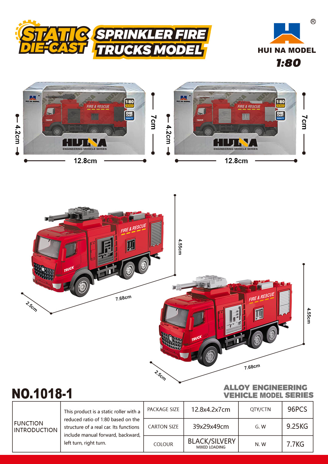Red and silver Huina fire rescue truck model with detailed cab, firefighting equipment, and realistic design, 1:80 scale